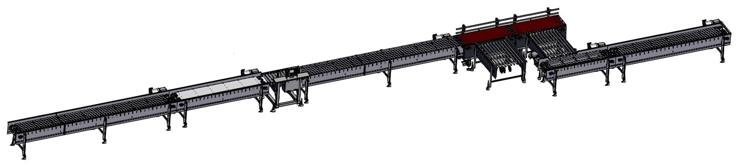 A 3D model of a complete multi-section packaging line