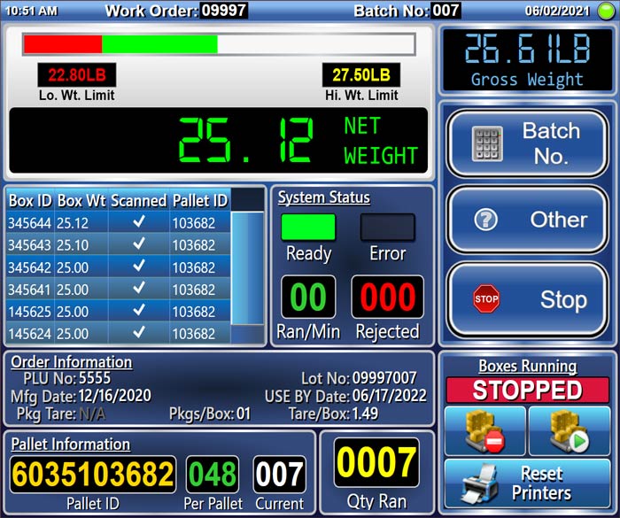 An automatic line weighing screen listing box weights against a pallet ID with running and rejected counts