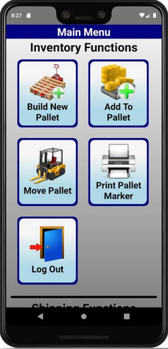 A handheld inventory menu with build, add to, move pallet and print pallet marker options
