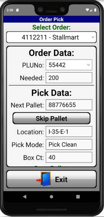 A handheld order picking screen showing pick location, box count and next pallet