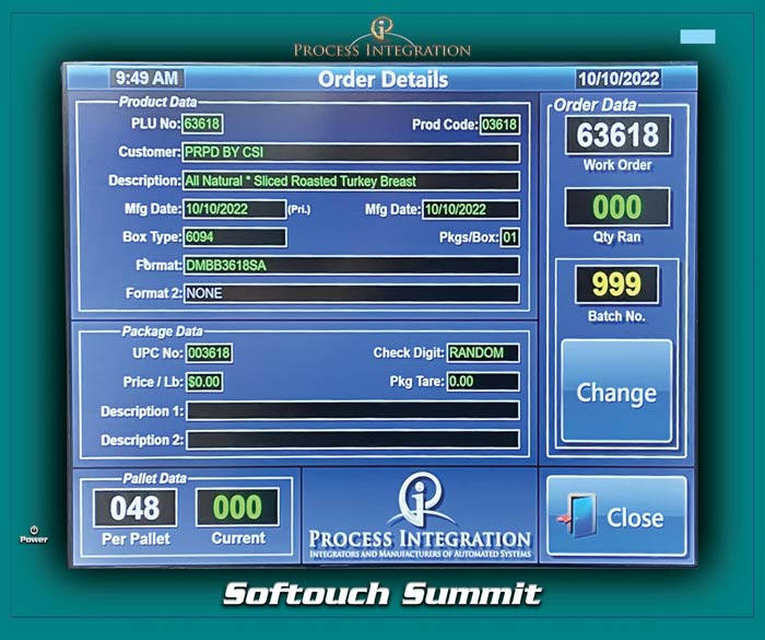 An order details screen on a Softouch Summit showing product, package and pallet data