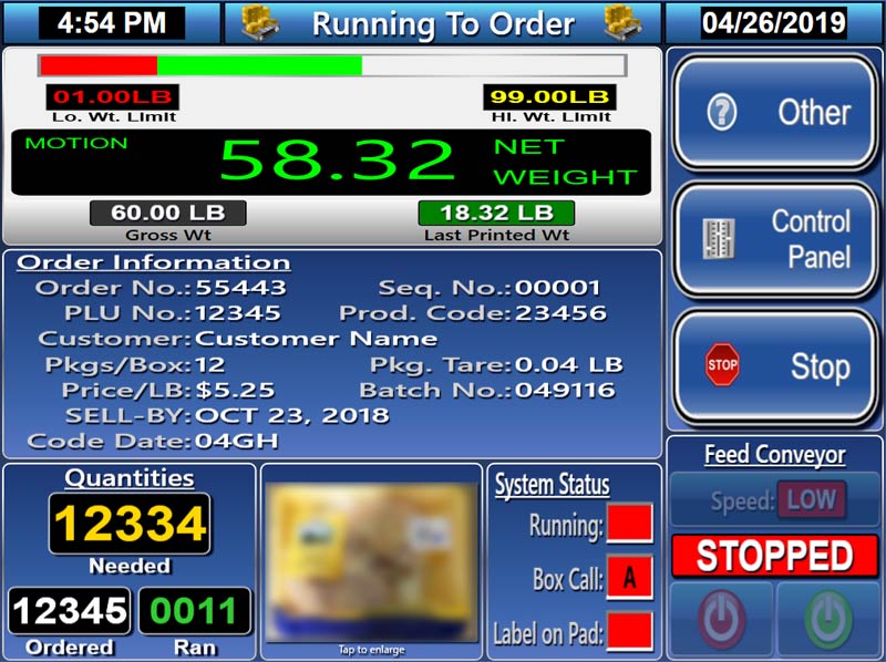 A weighing screen showing net weight against high and low limits with order and customer details