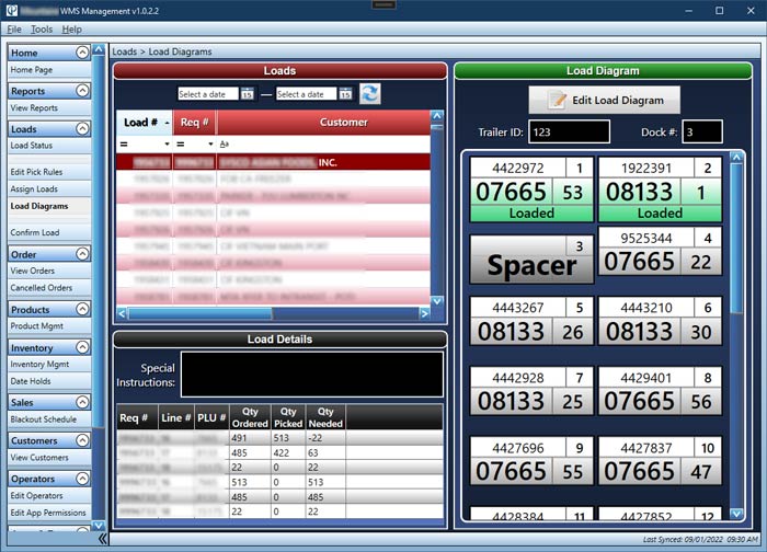 A warehouse management screen with an order list beside a load diagram