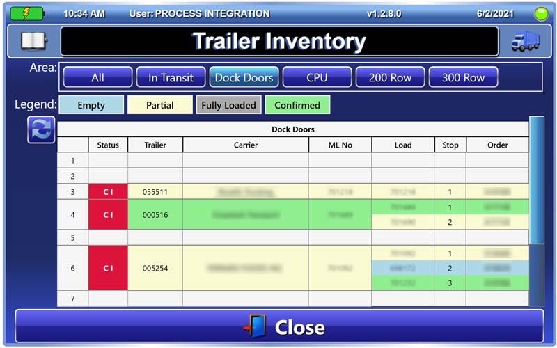 A trailer inventory screen showing dock doors colour-coded by load status