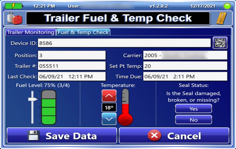 A trailer fuel and temperature check screen with fuel level, temperature and seal status