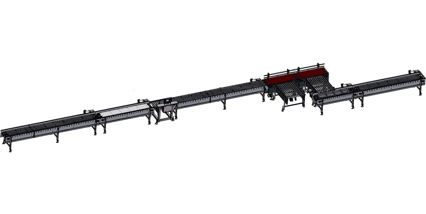 A completed multi-section conveyor assembly modelled in 3D