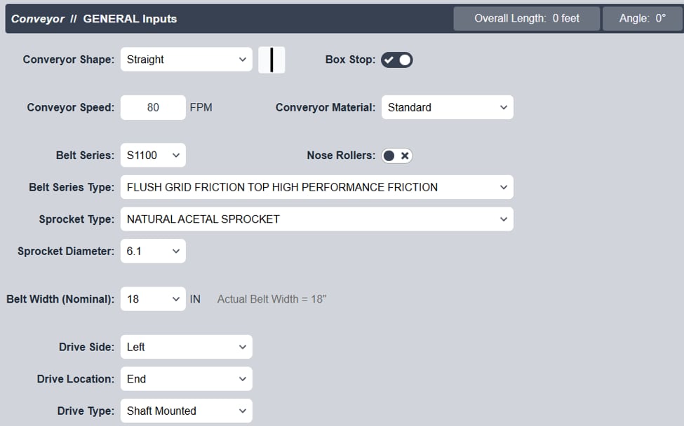 The DriveWorks input form, showing conveyor shape, speed, belt series and drive options