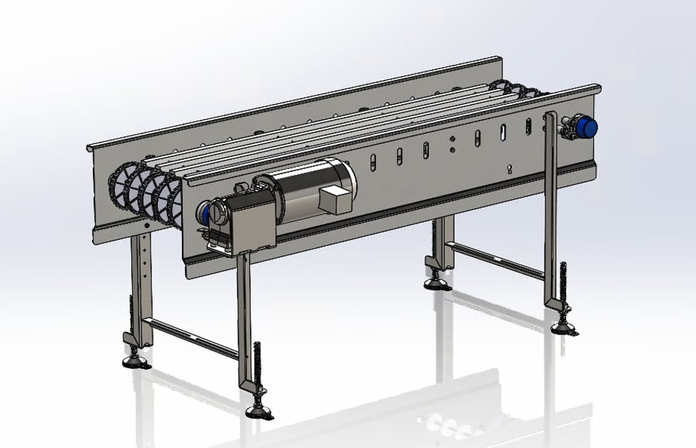 A 3D model of a conveyor generated from the DriveWorks inputs