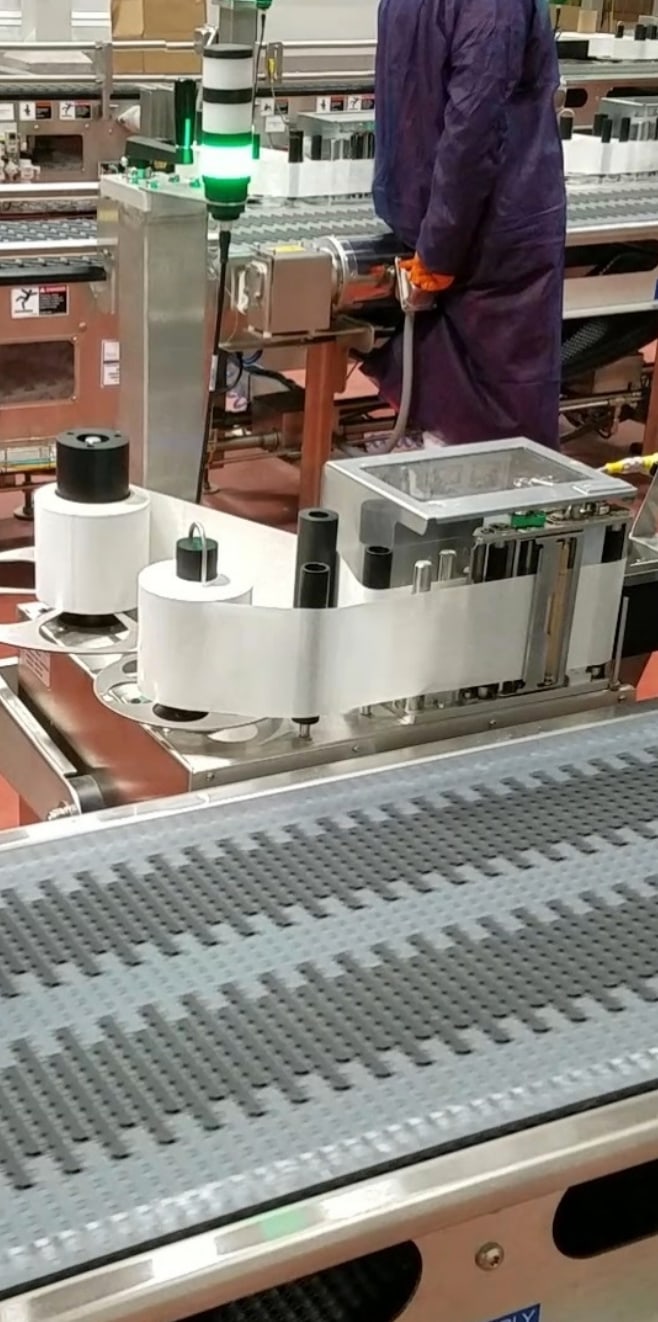 A PIPA applicator head and its label rolls mounted over a modular belt conveyor on a plant floor