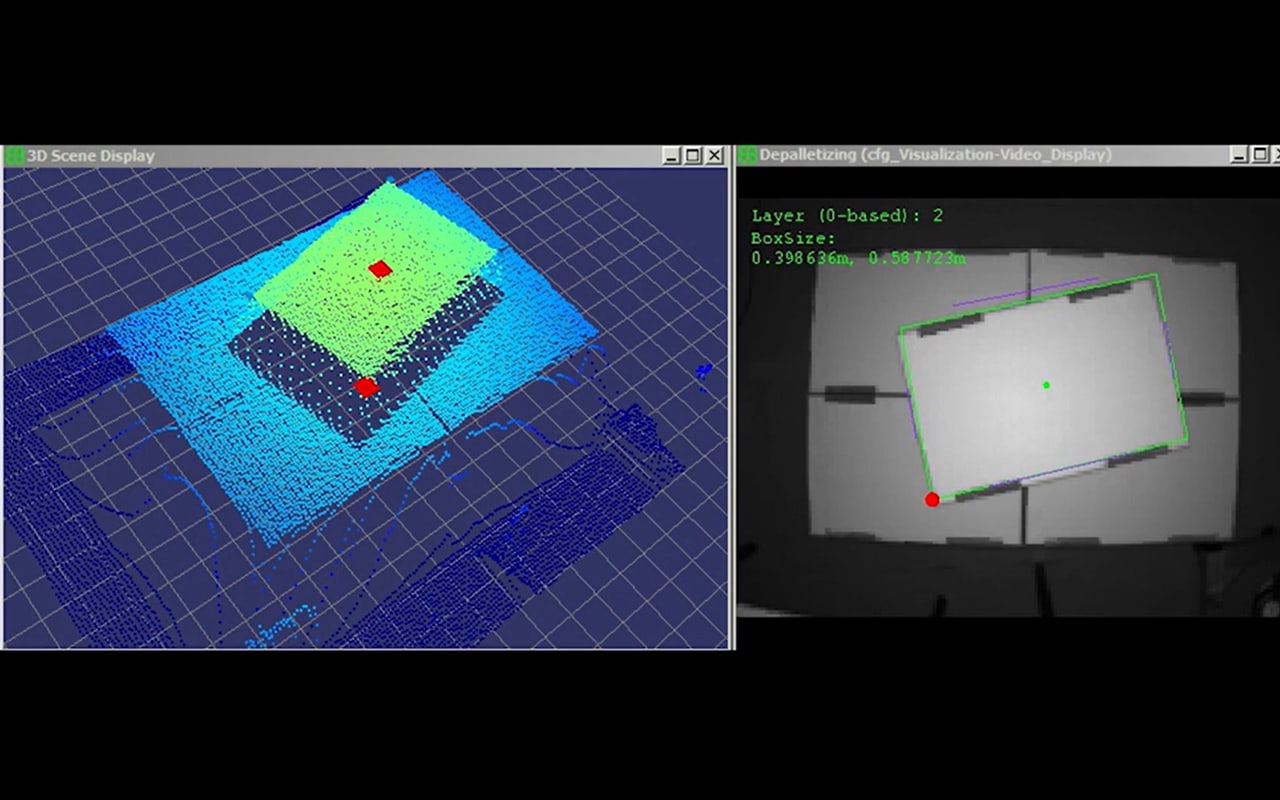 IFM vision software showing a 3D scene display alongside a detection view outlining a carton