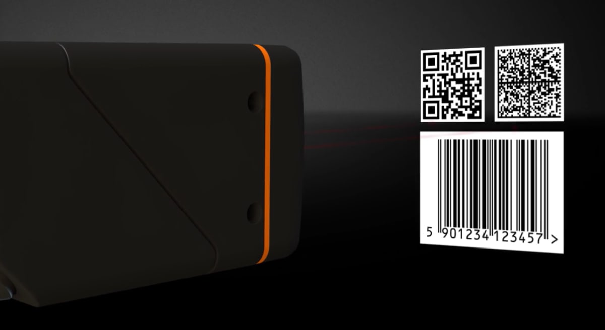 The IFM O2I5 code reader shown beside the QR codes and barcode it reads
