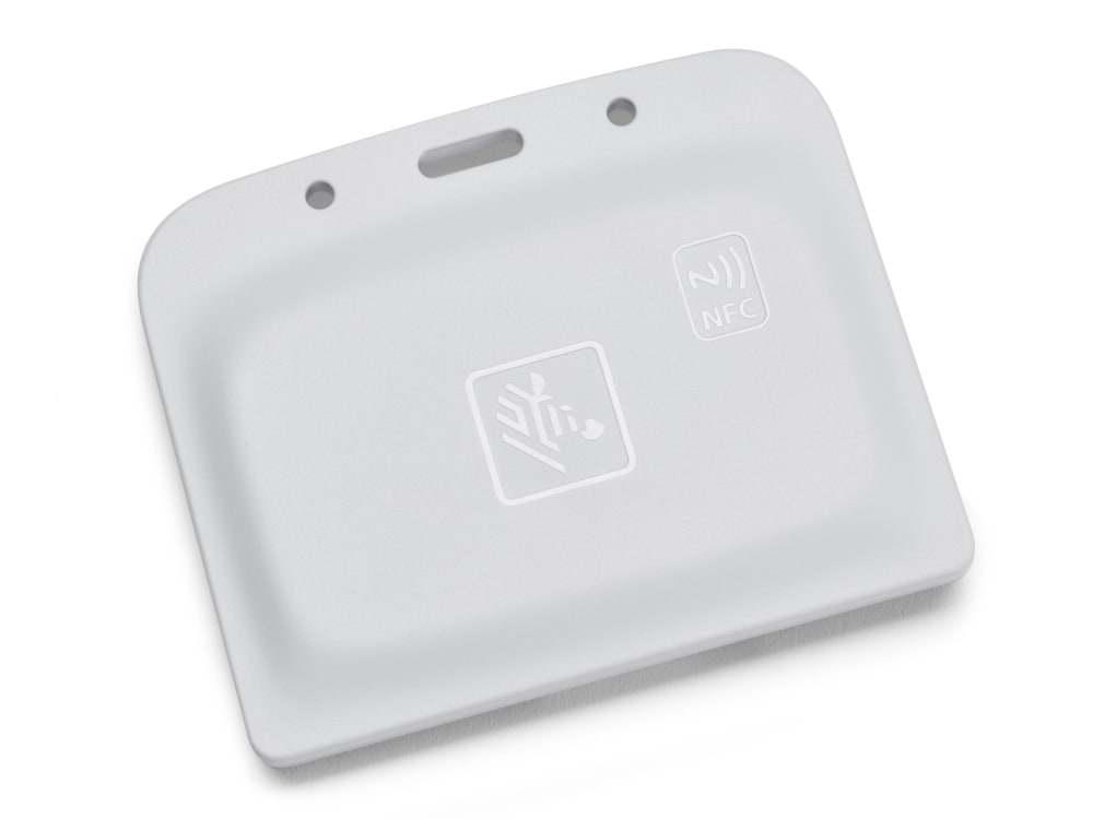 A Zebra TFF-5110 badge tag, worn to report staff location in real time