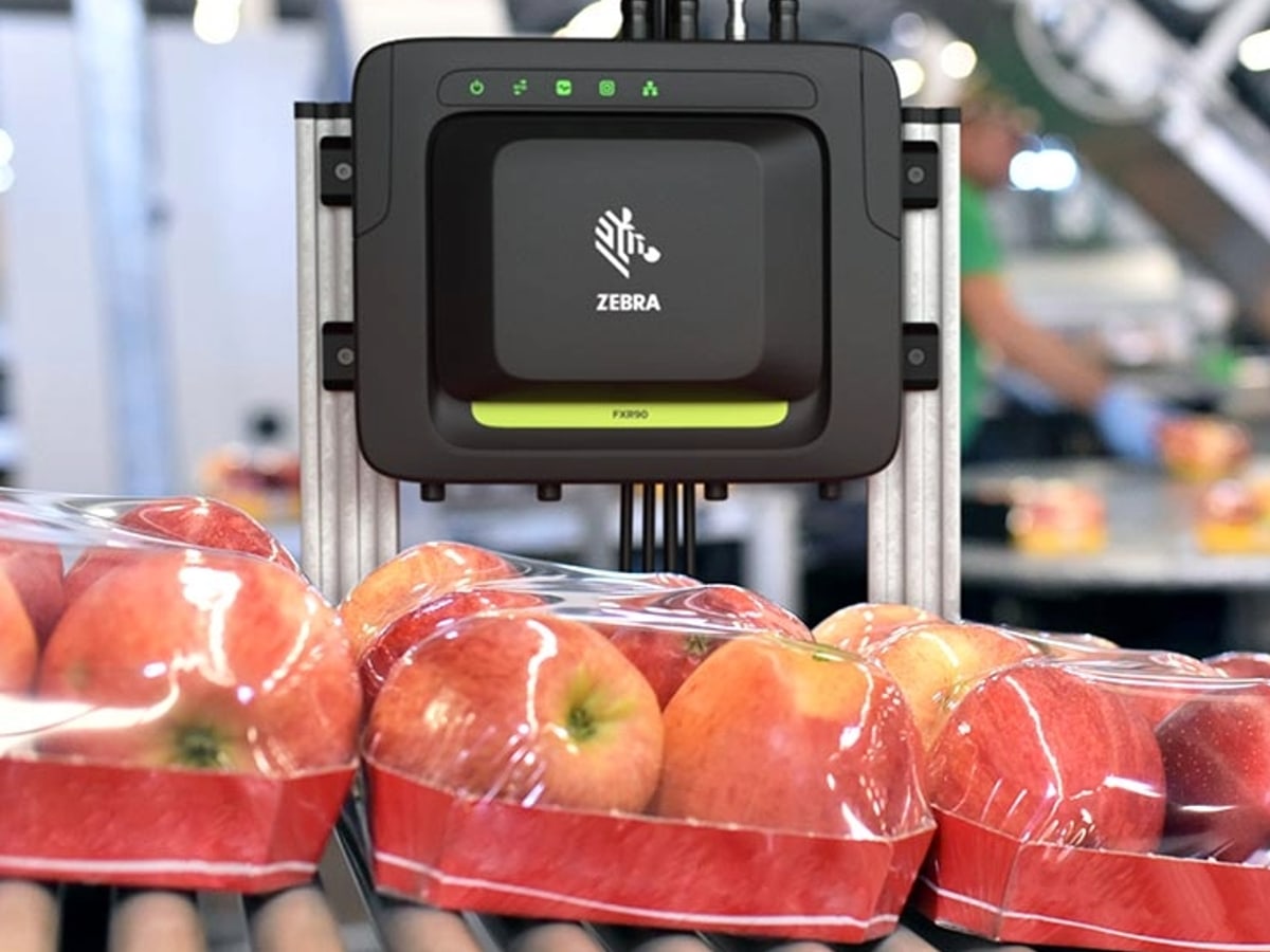A fixed RFID reader mounted above a packed-produce conveyor line