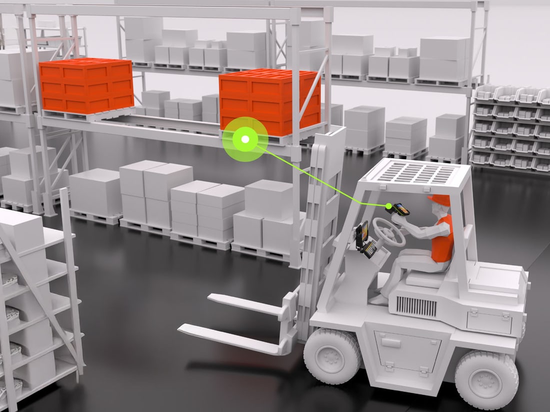 A warehouse rendered in 3D, an RFID reader tracking a tagged pallet on a forklift