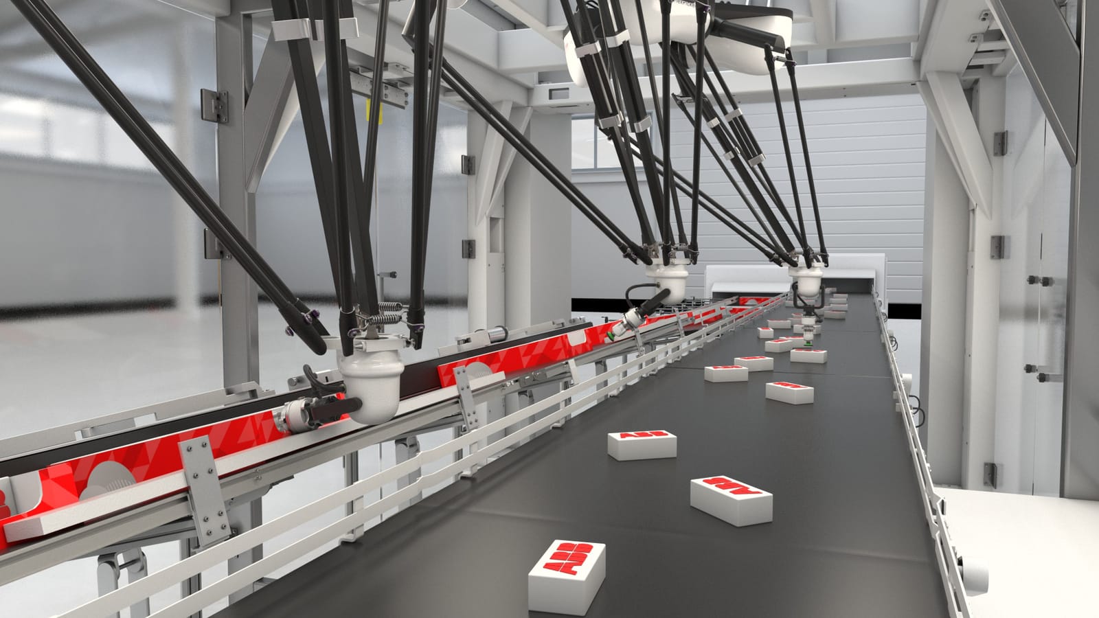 A line of delta robots picking product from a moving conveyor