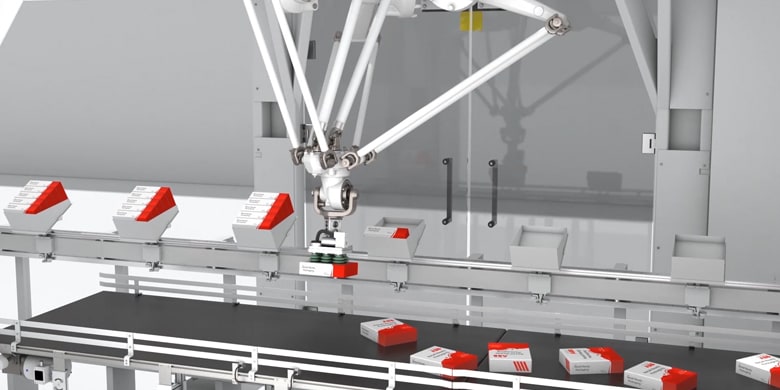 An ABB IRB 390 FlexPacker picking consumer packaged goods from a conveyor