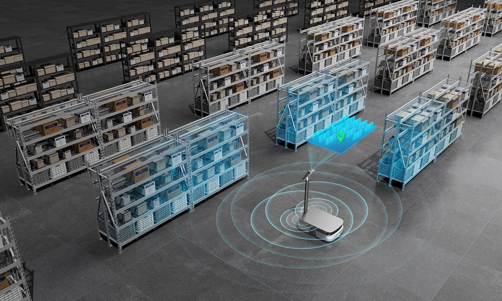 A KEENON S300 delivery robot moving stock in a warehouse