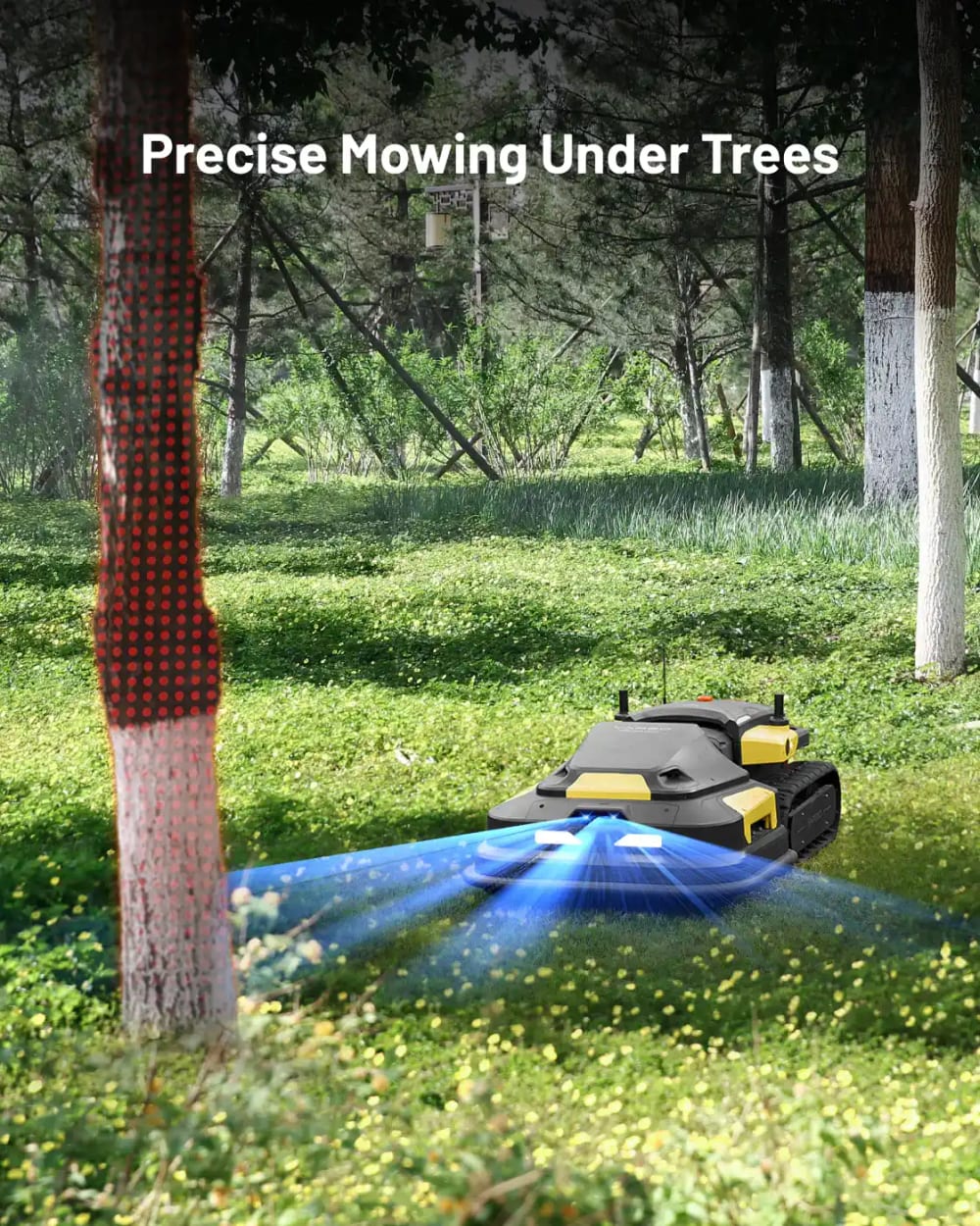 A Yarbo lawn mower cutting grass beneath trees
